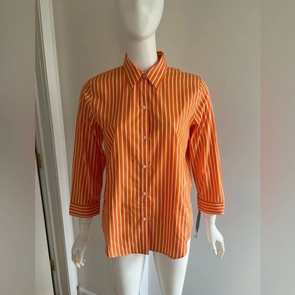 Lauren Ralph Lauren Womens Striped Orange 3/4 Sleeve Button Up Shirt Size M - Picture 1 of 7